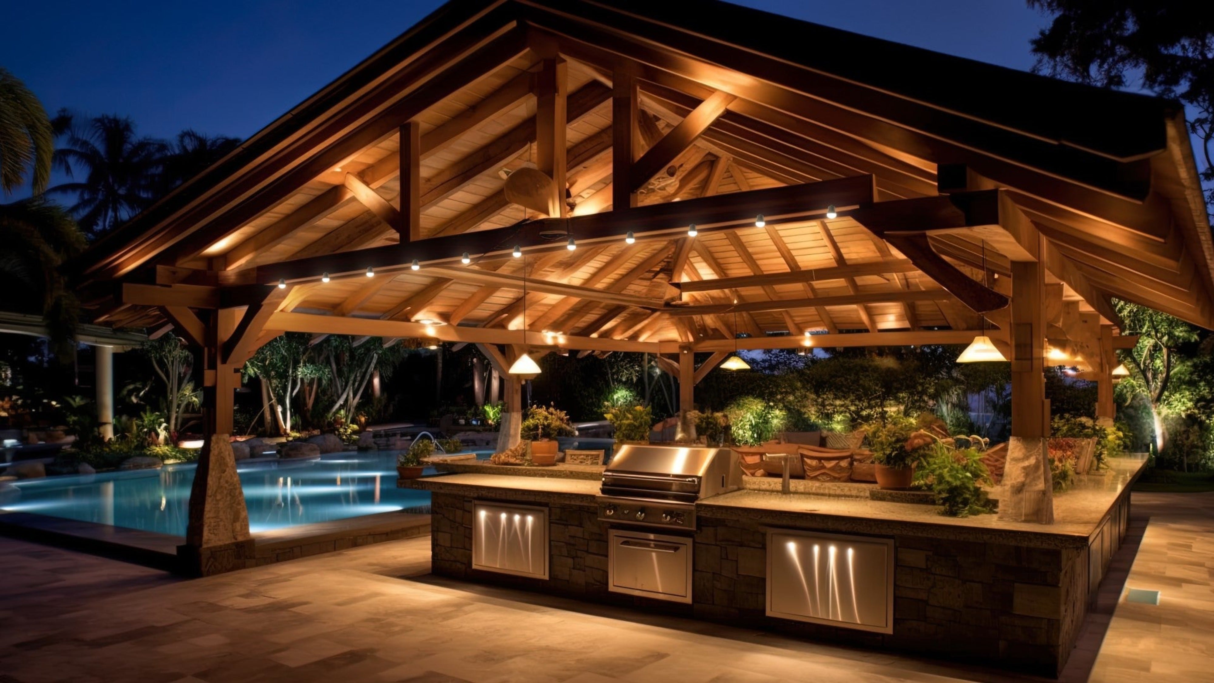 Apartment barbecue and pool area illuminated with RGB outdoor lights
