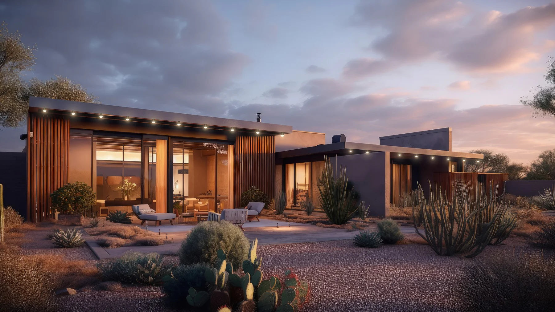 Modern house in a desert landscape with cacti and evening sky.