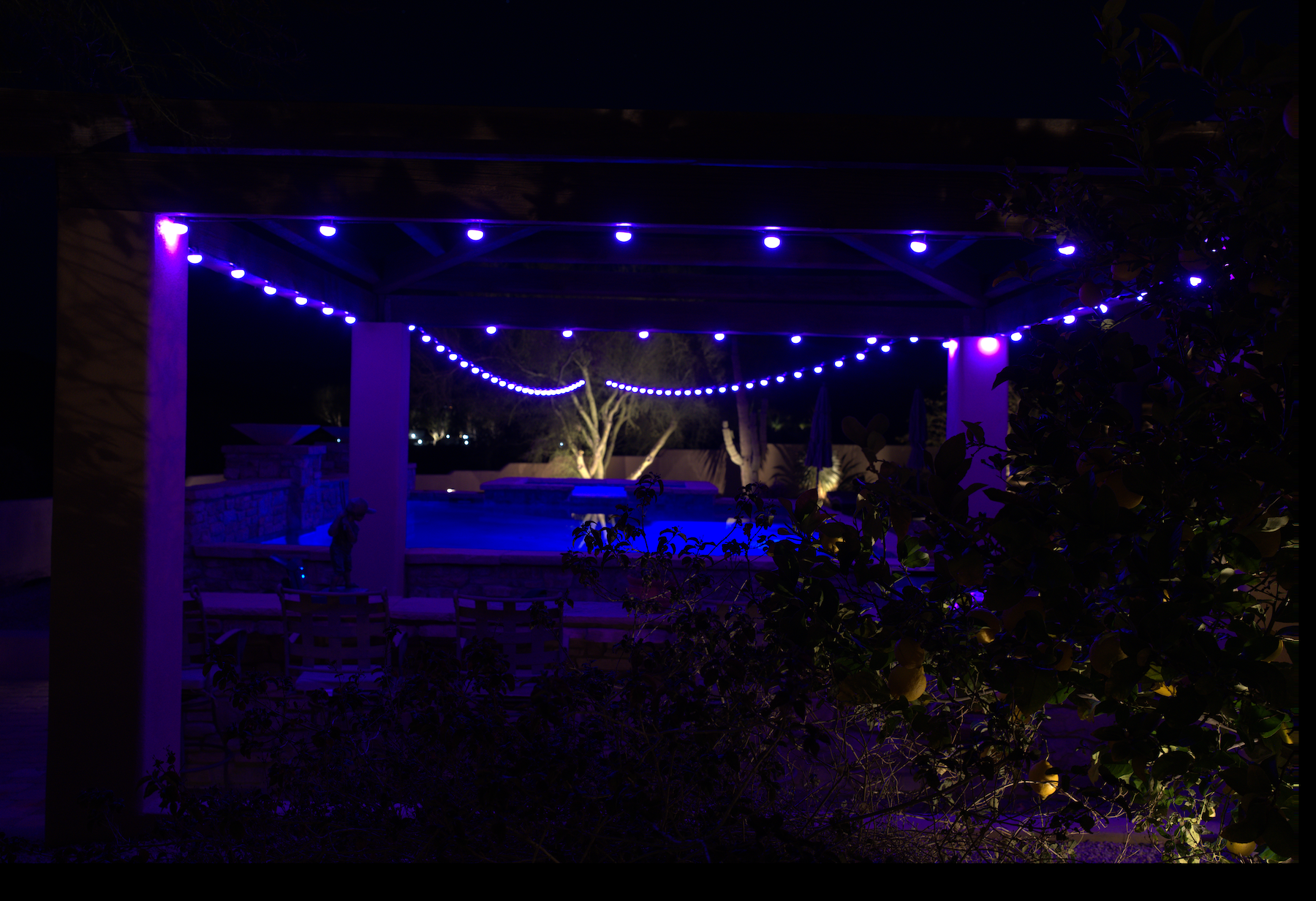 Pavilion with purple string lights in a dark outdoor setting